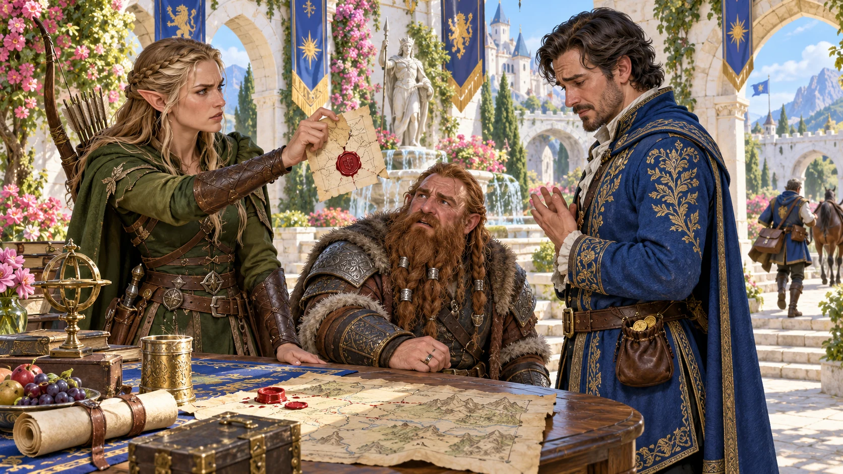 Illustration of an elf holding a sealed letter beside a dwarf and a concerned man at a map-covered table